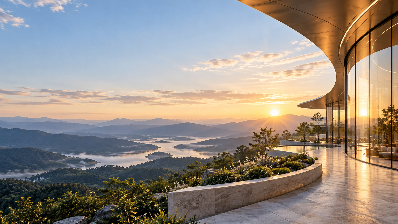 Curved glass architecture overlooking mountains and a river at sunrise